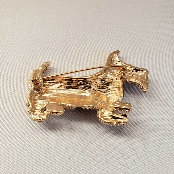 Scottie Dog Brooch.  Scottish Terrier.  Black enamel, diamond simulants on gold - Picture 9 of 12
